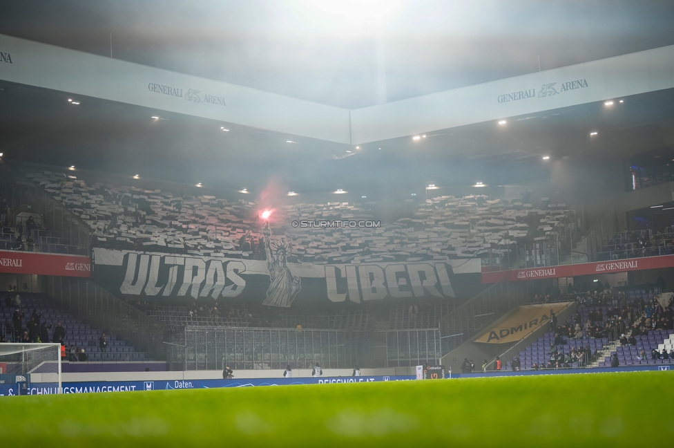 Austria Wien - Sturm Graz
Oesterreichische Fussball Bundesliga, 17. Runde, FK Austria Wien - SK Sturm Graz, Franz Horr Stadion Wien, 14.12.2025. Foto zeigt Fans von Sturm mit einer Choreografie
