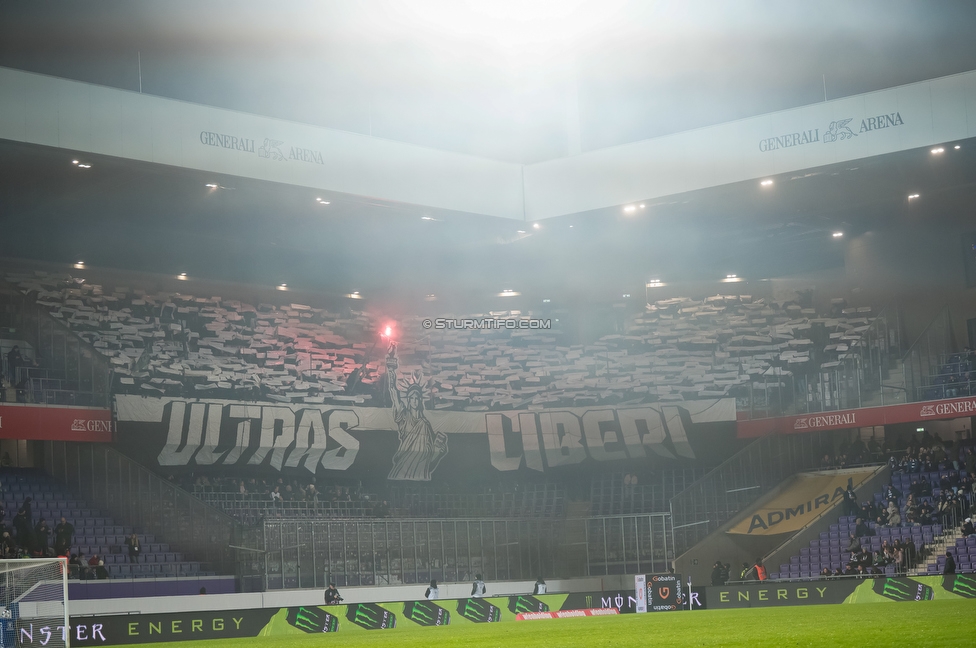 Austria Wien - Sturm Graz
Oesterreichische Fussball Bundesliga, 17. Runde, FK Austria Wien - SK Sturm Graz, Franz Horr Stadion Wien, 14.12.2025. Foto zeigt Fans von Sturm mit einer Choreografie
