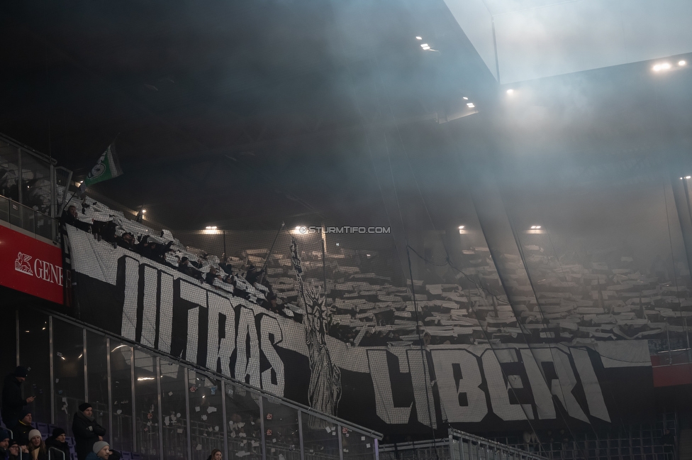 Austria Wien - Sturm Graz
Oesterreichische Fussball Bundesliga, 17. Runde, FK Austria Wien - SK Sturm Graz, Franz Horr Stadion Wien, 14.12.2025. Foto zeigt Fans von Sturm mit einer Choreografie
