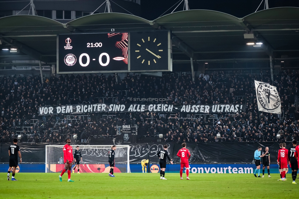 Sturm Graz - Brann Bergen
UEFA Europa League Gruppenphase 8. Spieltag, SK Sturm Graz - SK Brann Bergen, Stadion Liebenau Graz, 29.01.2026. Foto zeigt Fans von Sturm mit einem Spruchband
