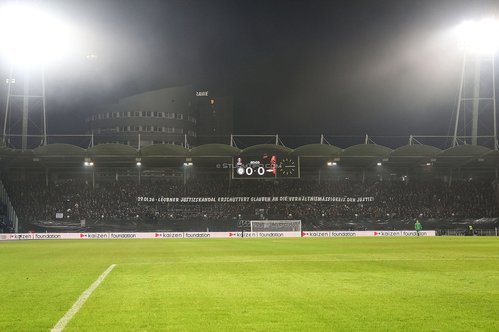 Sturm Graz - Brann Bergen
UEFA Europa League Gruppenphase 8. Spieltag, SK Sturm Graz - SK Brann Bergen, Stadion Liebenau Graz, 29.01.2026. Foto zeigt Fans von Sturm mit einem Spruchband
