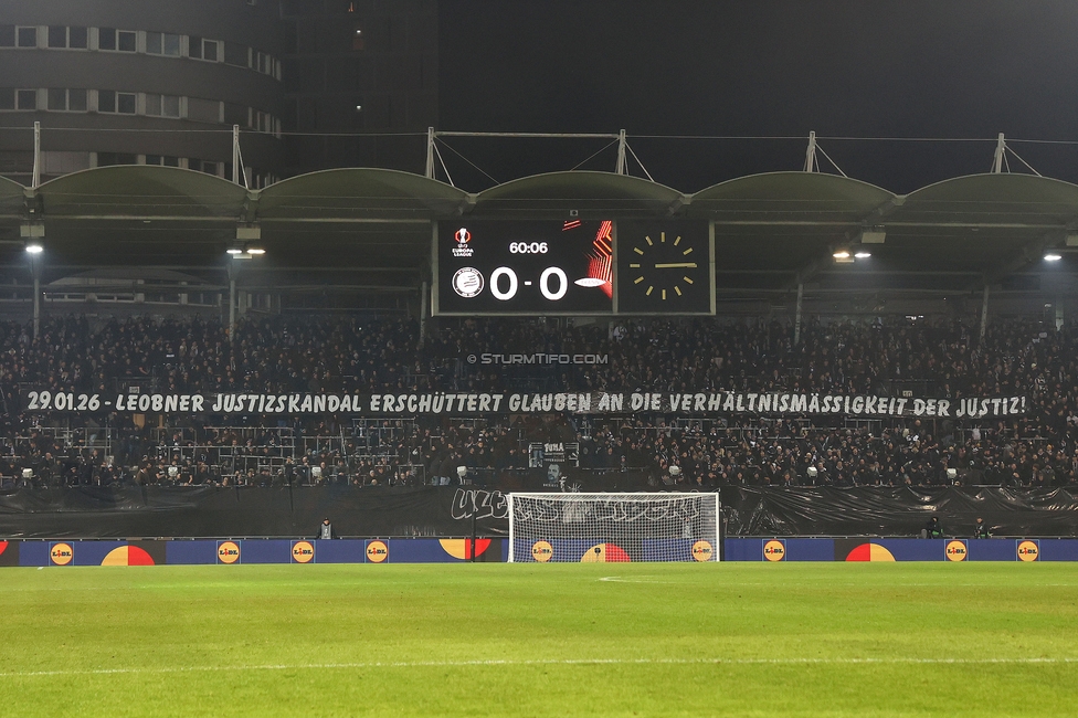 Sturm Graz - Brann Bergen
UEFA Europa League Gruppenphase 8. Spieltag, SK Sturm Graz - SK Brann Bergen, Stadion Liebenau Graz, 29.01.2026. Foto zeigt Fans von Sturm mit einem Spruchband
