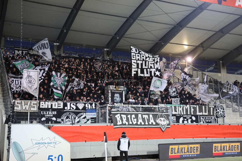 Altach - Sturm Graz
OEFB Cup, Viertelfinale, SC Rheindorf Altach - SK Sturm Graz, Stadion Schnabelholz Altach, 01.02.2026. Foto zeigt Fans von Sturm
