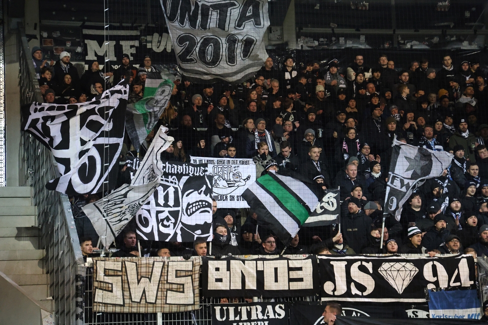 Altach - Sturm Graz
OEFB Cup, Viertelfinale, SC Rheindorf Altach - SK Sturm Graz, Stadion Schnabelholz Altach, 01.02.2026. Foto zeigt Fans von Sturm
