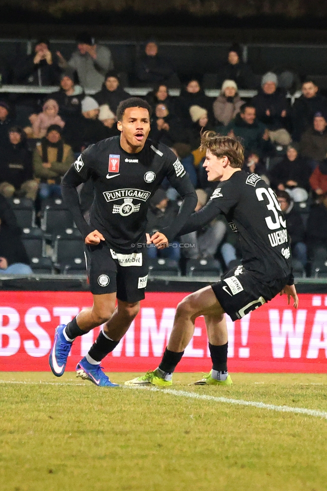 Altach - Sturm Graz
OEFB Cup, Viertelfinale, SC Rheindorf Altach - SK Sturm Graz, Stadion Schnabelholz Altach, 01.02.2026. Foto zeigt Axel Kayombo (Sturm)
Schlüsselwörter: torjubel