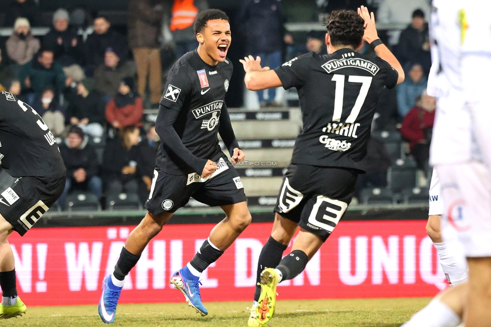 Altach - Sturm Graz
OEFB Cup, Viertelfinale, SC Rheindorf Altach - SK Sturm Graz, Stadion Schnabelholz Altach, 01.02.2026. Foto zeigt Axel Kayombo (Sturm)
Schlüsselwörter: torjubel