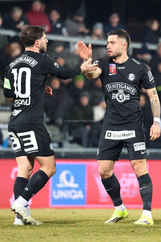 Altach - Sturm Graz
OEFB Cup, Viertelfinale, SC Rheindorf Altach - SK Sturm Graz, Stadion Schnabelholz Altach, 01.02.2026. Foto zeigt Otar Kiteishvili (Sturm) und Jusuf Gazibegovic (Sturm)
Schlüsselwörter: torjubel