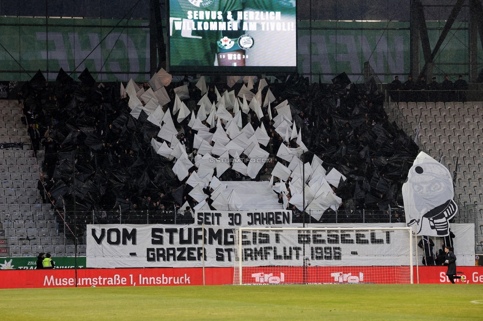 WSG Tirol - Sturm Graz
Oesterreichische Fussball Bundesliga, 19. Runde, WSG Tirol - SK Sturm Graz, Tivoli Stadion Neu, 14.02.2026.

Foto zeigt Fans von Sturm mit einer Choreografie
