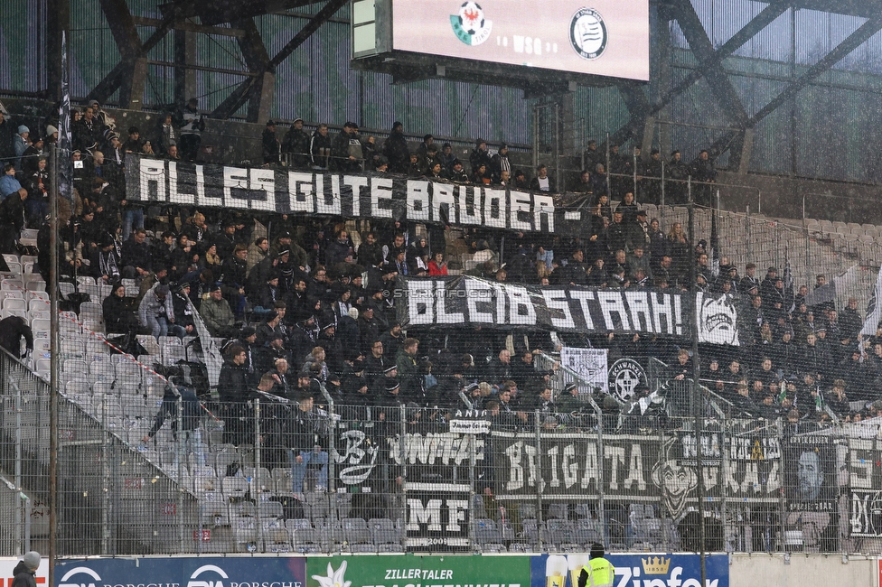 WSG Tirol - Sturm Graz
Oesterreichische Fussball Bundesliga, 19. Runde, WSG Tirol - SK Sturm Graz, Tivoli Stadion Neu, 14.02.2026.

Foto zeigt Fans von Sturm mit einem Spruchband
Schlüsselwörter: repression, bastion