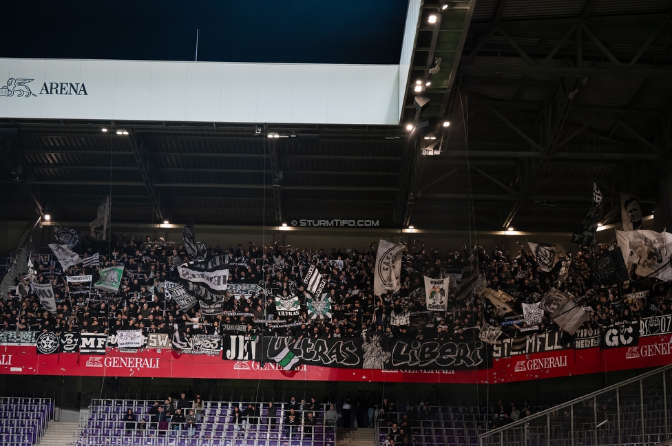 Austria Wien - Sturm Graz
Oesterreichische Fussball Bundesliga, 23. Runde, FK Austria Wien - SK Sturm Graz, Franz Horr Stadion Wien, 15.03.2026.Foto zeigt Fans von Sturm mit einem Spruchband
Schlüsselwörter: repression