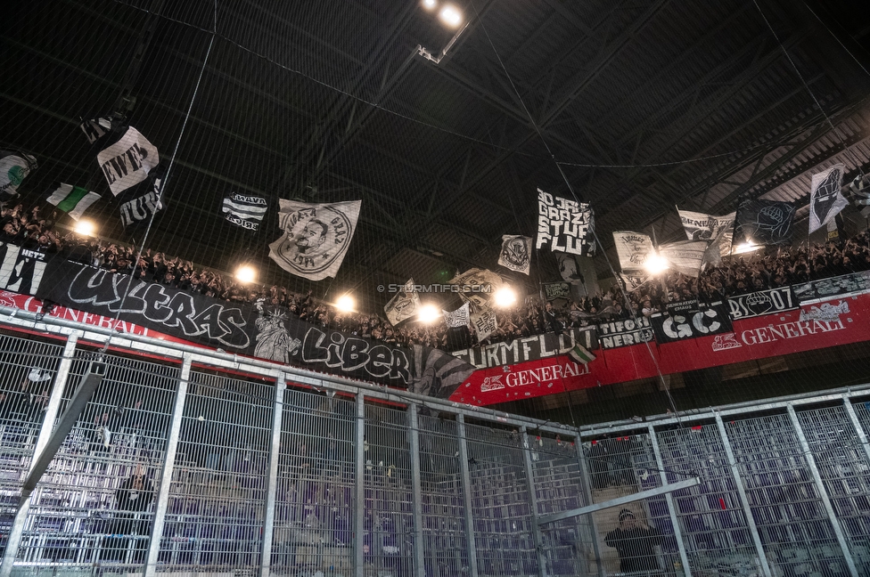 Austria Wien - Sturm Graz
Oesterreichische Fussball Bundesliga, 23. Runde, FK Austria Wien - SK Sturm Graz, Franz Horr Stadion Wien, 15.03.2026.Foto zeigt Fans von Sturm mit einem Spruchband
Schlüsselwörter: repression