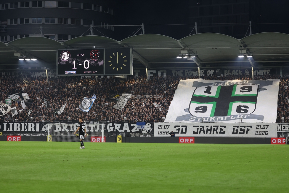 Sturm Graz - Heart of Midlothian
UEFA Champions League Qualifikation 2. Runde, SK Sturm Graz - Heart of Midlothian, Stadion Liebenau Graz, 21.07.2026. Foto zeigt Fans von Sturm mit einer Choreografie
