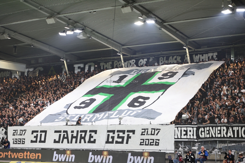 Sturm Graz - Heart of Midlothian
UEFA Champions League Qualifikation 2. Runde, SK Sturm Graz - Heart of Midlothian, Stadion Liebenau Graz, 21.07.2026. Foto zeigt Fans von Sturm mit einer Choreografie
