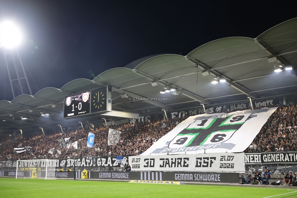 Sturm Graz - Heart of Midlothian
UEFA Champions League Qualifikation 2. Runde, SK Sturm Graz - Heart of Midlothian, Stadion Liebenau Graz, 21.07.2026. Foto zeigt Fans von Sturm mit einer Choreografie
