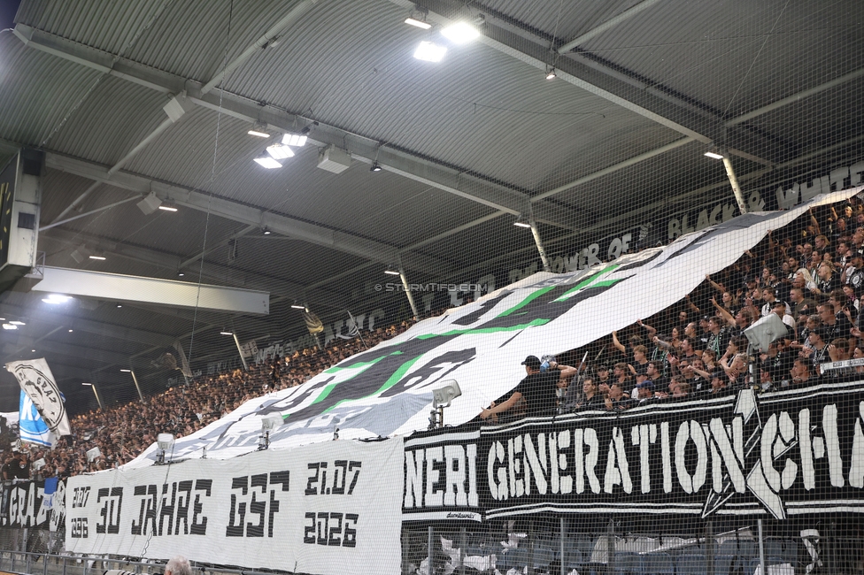 Sturm Graz - Heart of Midlothian
UEFA Champions League Qualifikation 2. Runde, SK Sturm Graz - Heart of Midlothian, Stadion Liebenau Graz, 21.07.2026. Foto zeigt Fans von Sturm mit einer Choreografie
