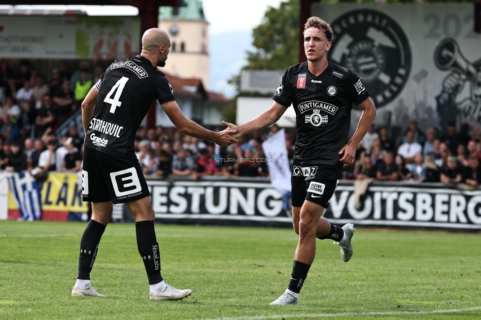 Voitsberg - Sturm Graz
OEFB Cup 2. Runde, TSV Voitsberg - SK Sturm Graz, Muenzer Bioindustrie Sportpark, Voitsberg, 05.09.2026. 

Foto zeigt Jon Gorenc-Stankovic (Sturm) und Nelson Weiper (Sturm)

