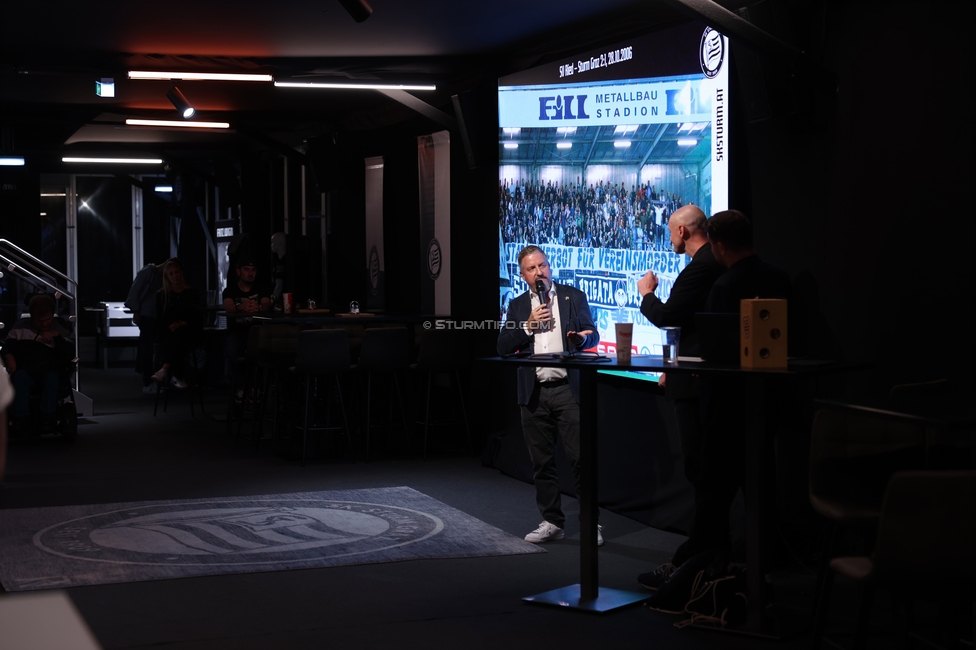 4. Sturmhistorischer Themenabend
4. Sturmhistorischer Themenabend - 20 Jahre Zwangsausgleich, Sportsbar - Das Eggenberg, Graz, 02.10.2026.

Foto zeigt Alexander Stangl (ehem. Vorstand Sturm)
