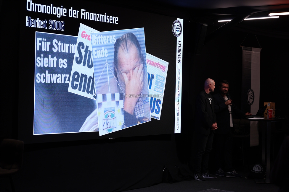 4. Sturmhistorischer Themenabend
4. Sturmhistorischer Themenabend - 20 Jahre Zwangsausgleich, Sportsbar - Das Eggenberg, Graz, 02.10.2026.

Foto zeigt Benjamin Sikora (Moderator) und Patrick Weissenbacher (Moderator)
